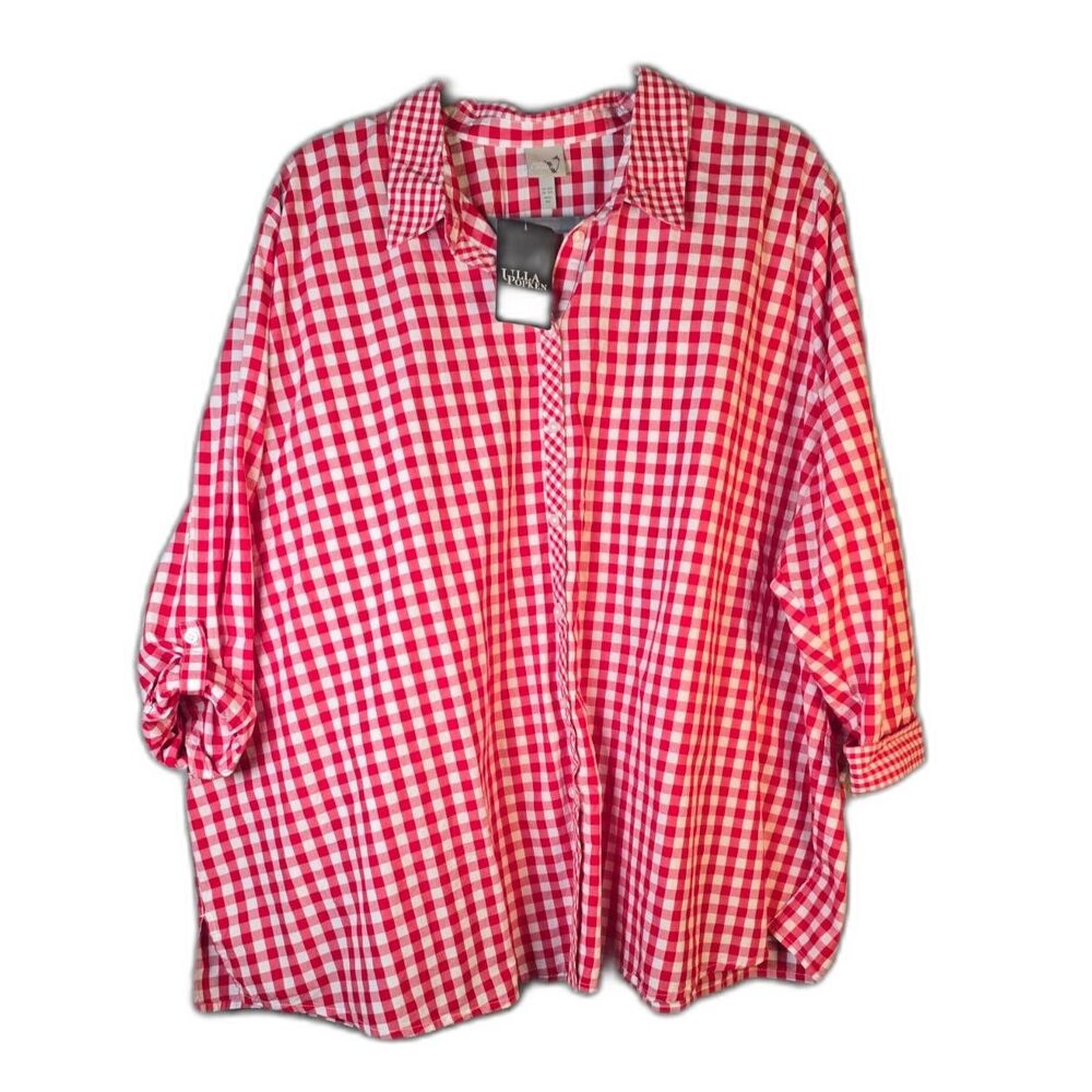 Von Landen Ulla Popken Red White Gingham Cotton Tunic Blouse 5X 32 34